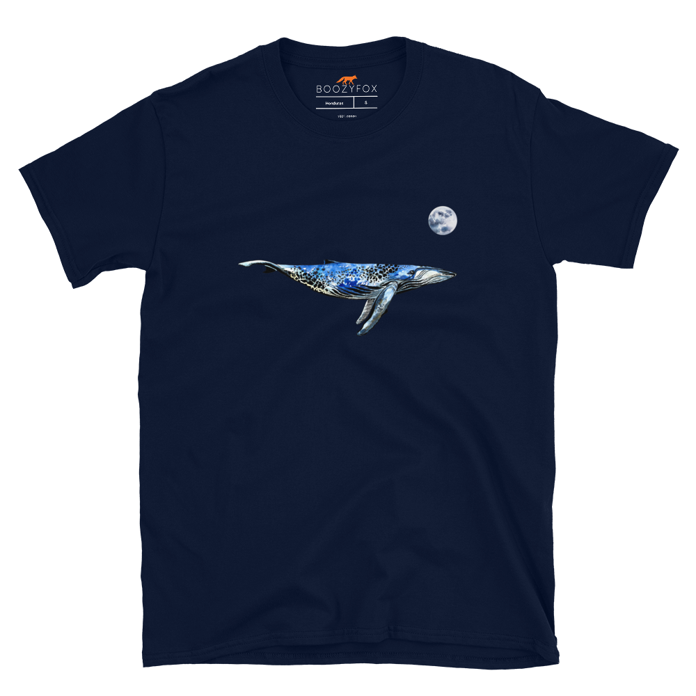 Navy Whale T-Shirt featuring a majestic Whale Under The Moon graphic on the chest - Cool Graphic Whale T-Shirts - Boozy Fox