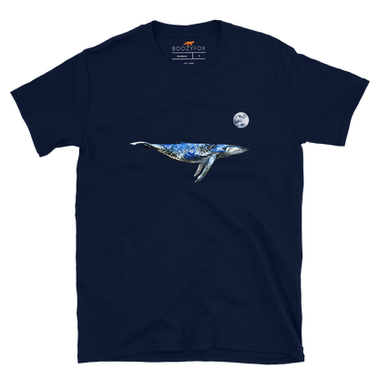 Navy Whale T-Shirt featuring a majestic Whale Under The Moon graphic on the chest - Cool Graphic Whale T-Shirts - Boozy Fox