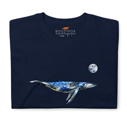 Front Details of a Navy Whale T-Shirt featuring a majestic Whale Under The Moon graphic on the chest - Cool Graphic Whale T-Shirts - Boozy Fox