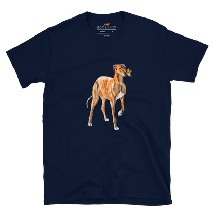 Navy Greyhound T-Shirt featuring a lovable Greyhound And Butterfly graphic on the chest - Cute Graphic Greyhound T-Shirts - Boozy Fox
