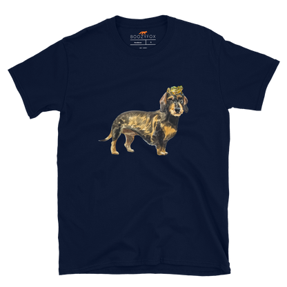 Navy Dachshund T-Shirt featuring an adorable Frog on a Dachshund's Head graphic on the chest - Cute Graphic Dachshund T-Shirts - Boozy Fox