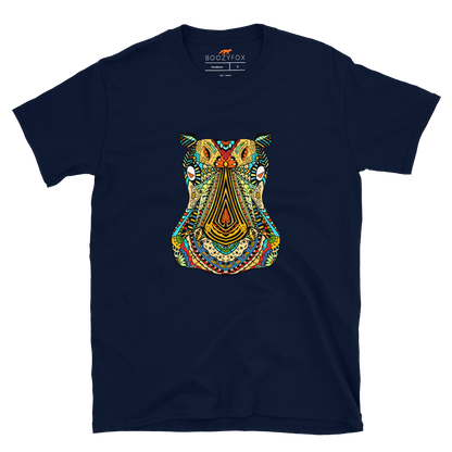 Navy Hippo T-Shirt featuring a mesmerizing Zentangle Hippo graphic on the chest - Cool Graphic Hippo T-Shirts - Boozy Fox