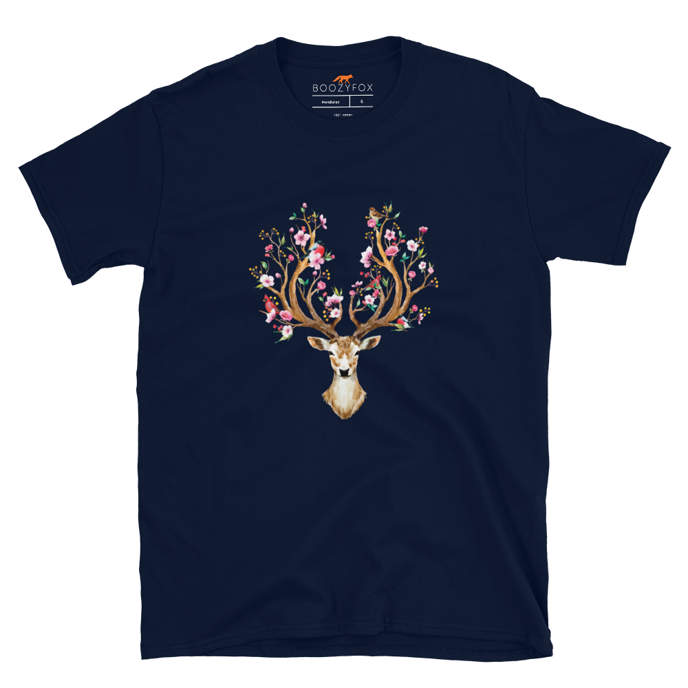 Navy Deer T-Shirt featuring a stunning Floral Red Deer graphic on the chest - Cute Graphic Deer T-Shirts - Boozy Fox