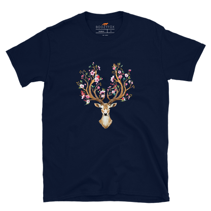Navy Deer T-Shirt featuring a stunning Floral Red Deer graphic on the chest - Cute Graphic Deer T-Shirts - Boozy Fox