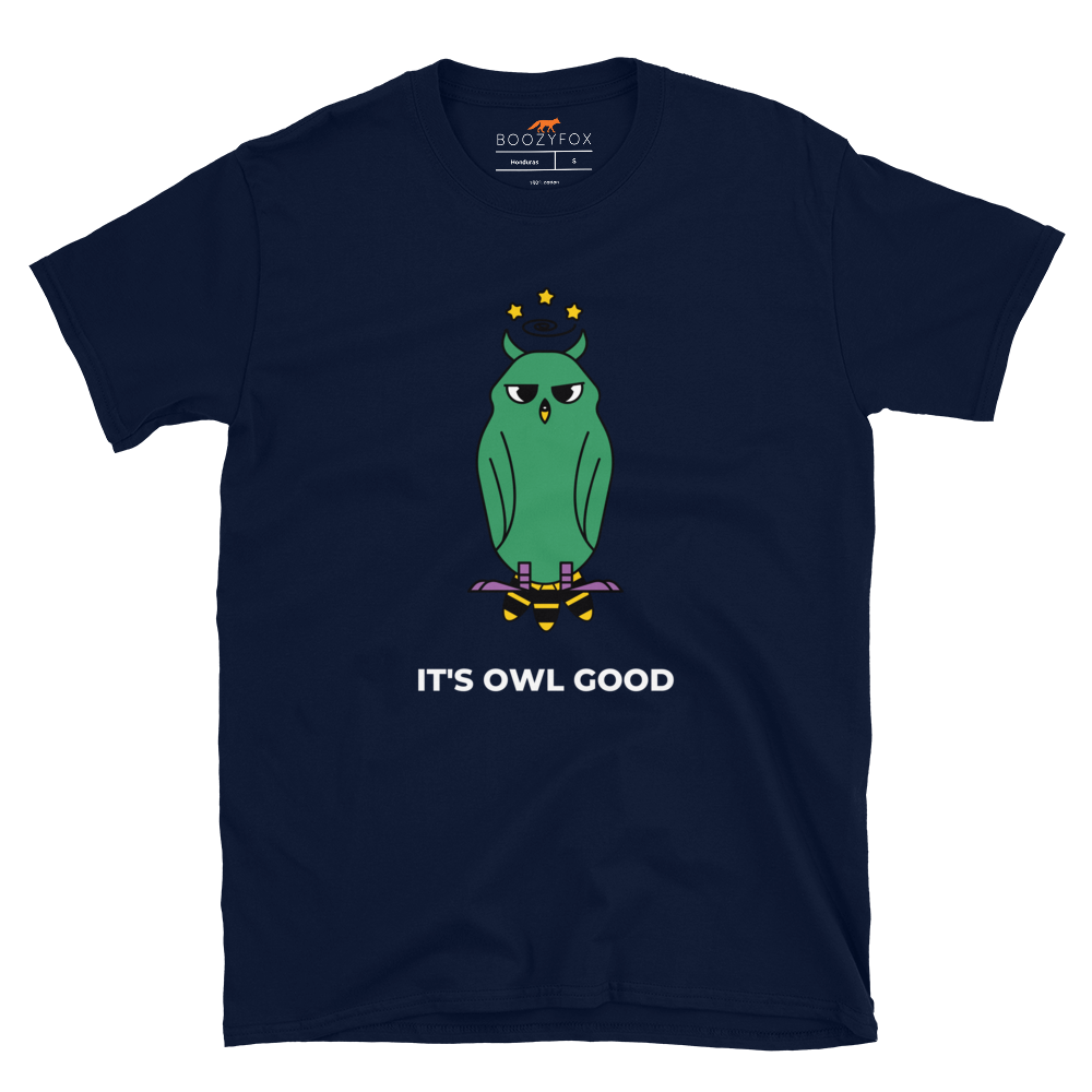 Navy Owl T-Shirt featuring a captivating It's Owl Good graphic on the chest - Funny Graphic Owl T-Shirts - Boozy Fox