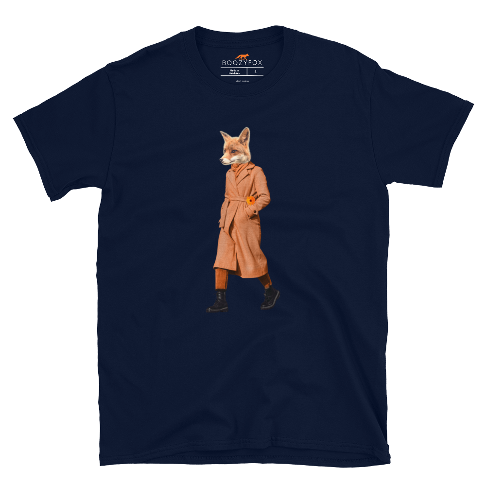 Navy Anthropomorphic Fox T-Shirt featuring a sly Anthropomorphic Fox In a Trench Coat graphic on the chest - Funny Graphic Fox T-Shirts - Boozy Fox