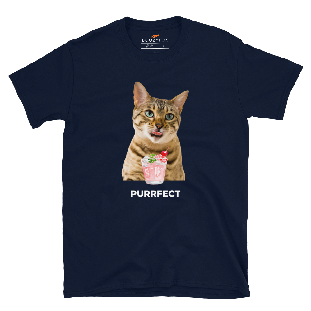 Navy Cat T-Shirt featuring a Purrfect graphic on the chest - Funny Graphic Cat T-Shirts - Boozy Fox