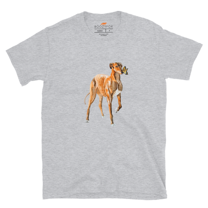 Sport Grey Greyhound T-Shirt featuring a lovable Greyhound And Butterfly graphic on the chest - Cute Graphic Greyhound T-Shirts - Boozy Fox
