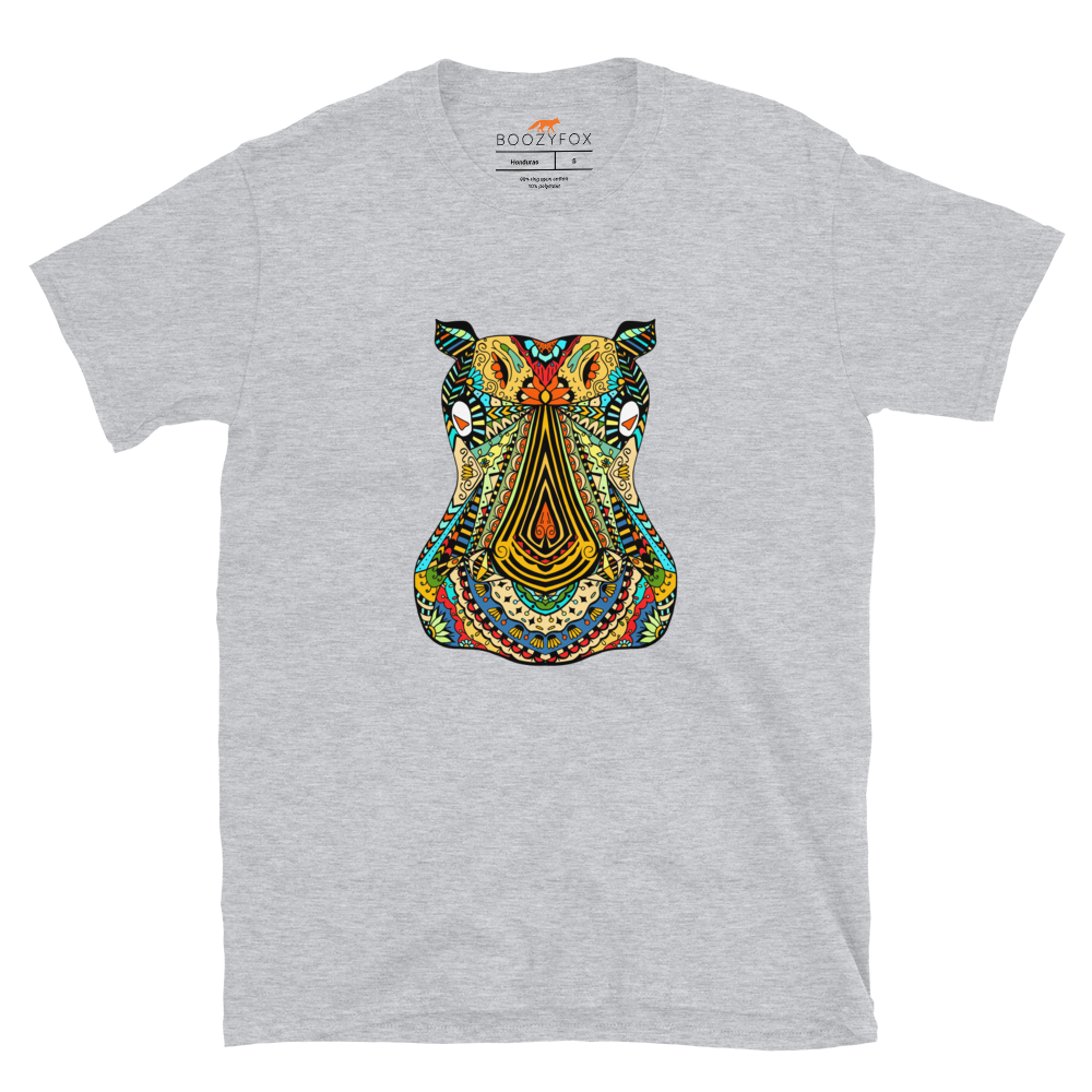 Sport Grey Hippo T-Shirt featuring a mesmerizing Zentangle Hippo graphic on the chest - Cool Graphic Hippo T-Shirts - Boozy Fox