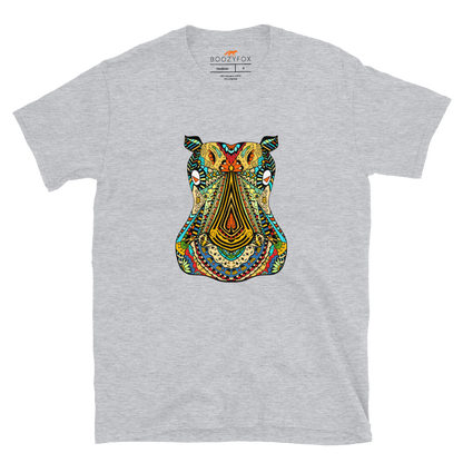 Sport Grey Hippo T-Shirt featuring a mesmerizing Zentangle Hippo graphic on the chest - Cool Graphic Hippo T-Shirts - Boozy Fox