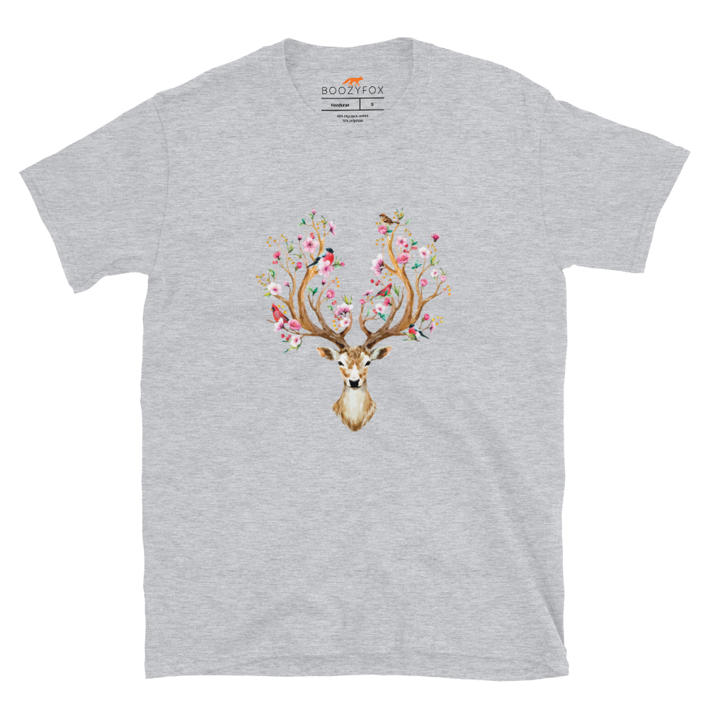 Sport Grey Deer T-Shirt featuring a stunning Floral Red Deer graphic on the chest - Cute Graphic Deer T-Shirts - Boozy Fox