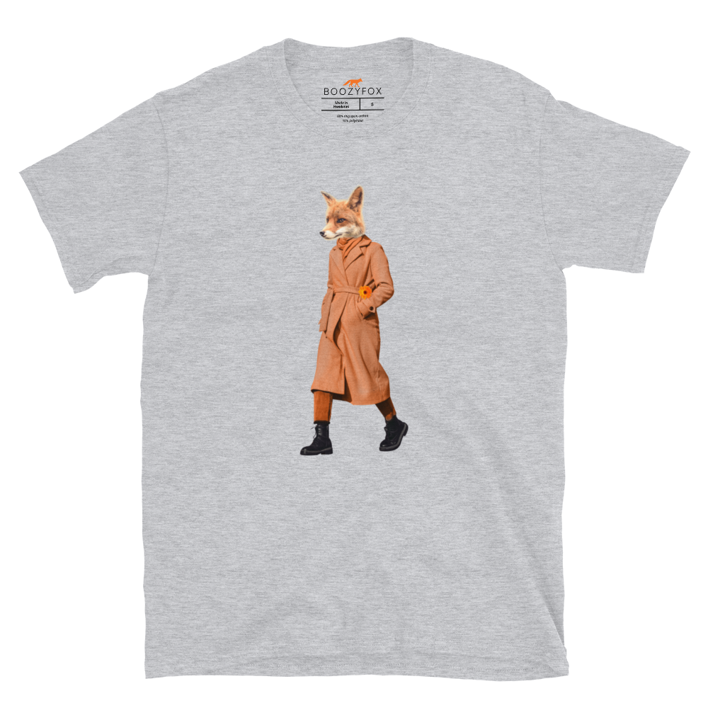 Sport Grey Anthropomorphic Fox T-Shirt featuring a sly Anthropomorphic Fox In a Trench Coat graphic on the chest - Funny Graphic Fox T-Shirts - Boozy Fox