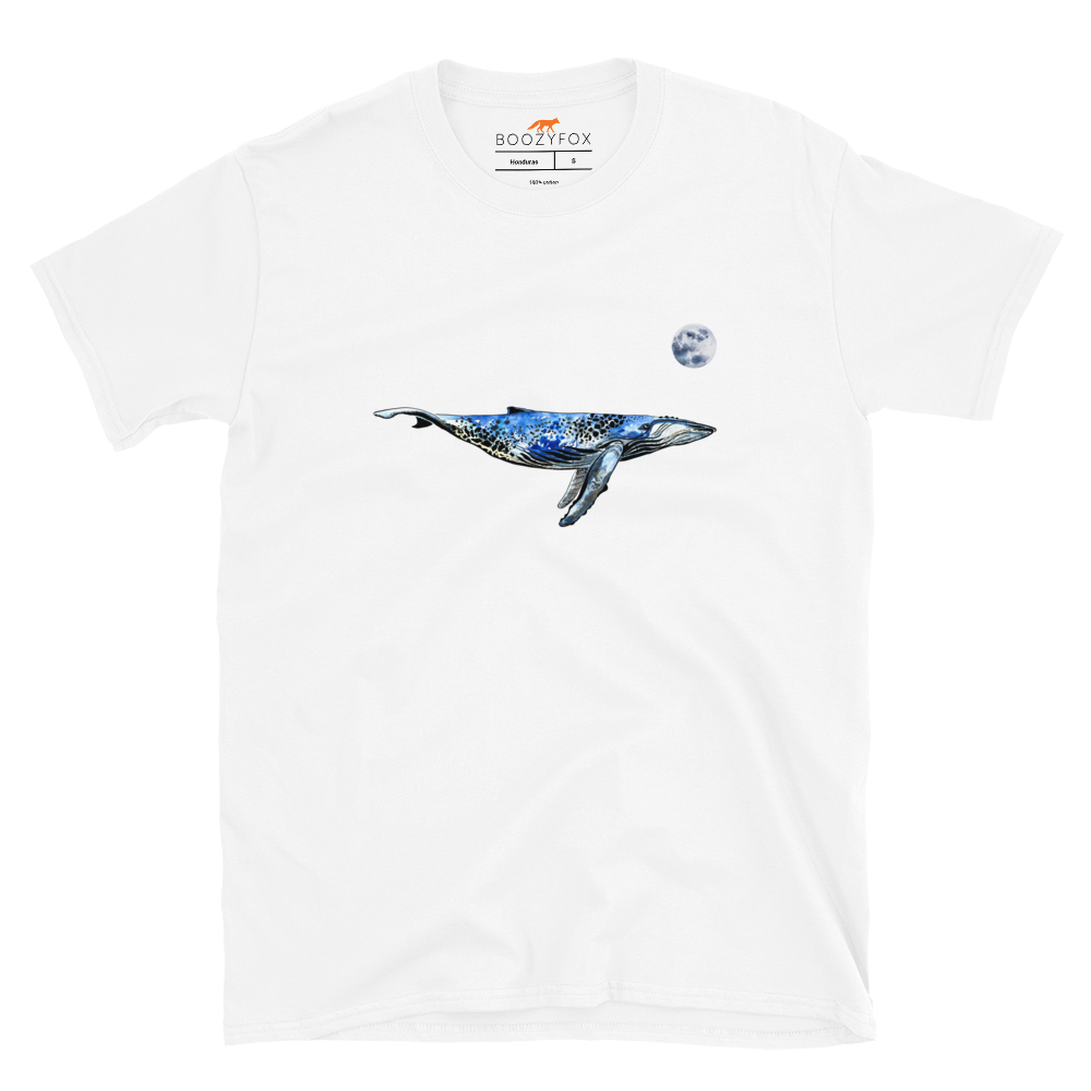 White Whale T-Shirt featuring a majestic Whale Under The Moon graphic on the chest - Cool Graphic Whale T-Shirts - Boozy Fox