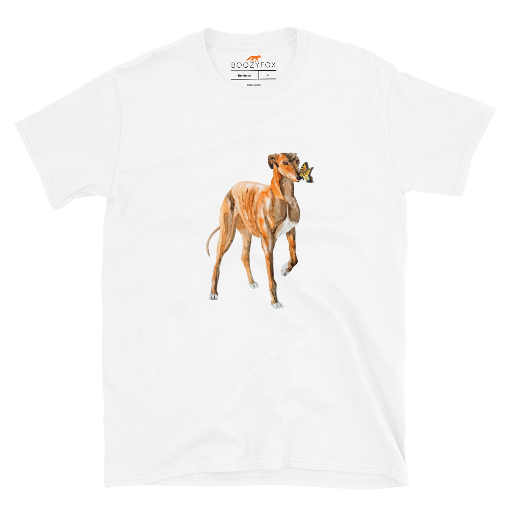 White Greyhound T-Shirt featuring a lovable Greyhound And Butterfly graphic on the chest - Cute Graphic Greyhound T-Shirts - Boozy Fox