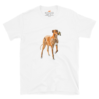 White Greyhound T-Shirt featuring a lovable Greyhound And Butterfly graphic on the chest - Cute Graphic Greyhound T-Shirts - Boozy Fox
