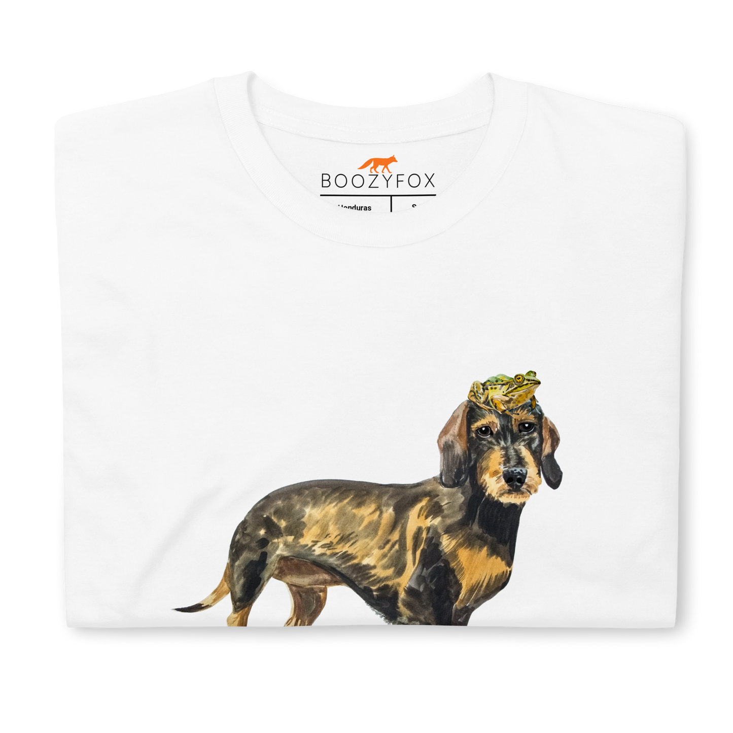 Front Details of a White Dachshund T-Shirt featuring an adorable Frog on a Dachshund's Head graphic on the chest - Cute Graphic Dachshund T-Shirts - Boozy Fox