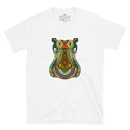 White Hippo T-Shirt featuring a mesmerizing Zentangle Hippo graphic on the chest - Cool Graphic Hippo T-Shirts - Boozy Fox