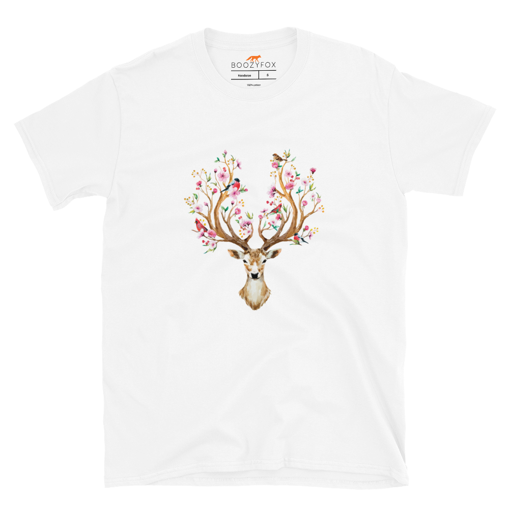 White Deer T-Shirt featuring a stunning Floral Red Deer graphic on the chest - Cute Graphic Deer T-Shirts - Boozy Fox