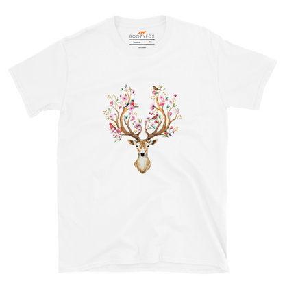 White Deer T-Shirt featuring a stunning Floral Red Deer graphic on the chest - Cute Graphic Deer T-Shirts - Boozy Fox