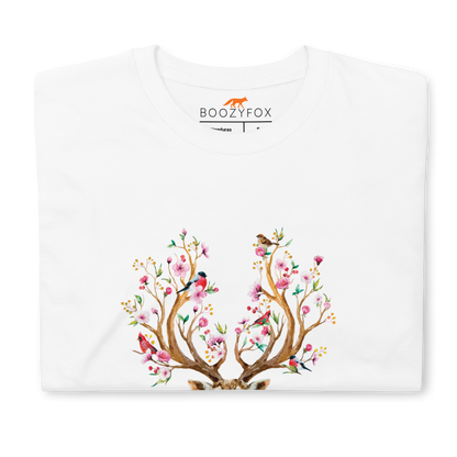 Front Details of a White Deer T-Shirt featuring a stunning Floral Red Deer graphic on the chest - Cute Graphic Deer T-Shirts - Boozy Fox