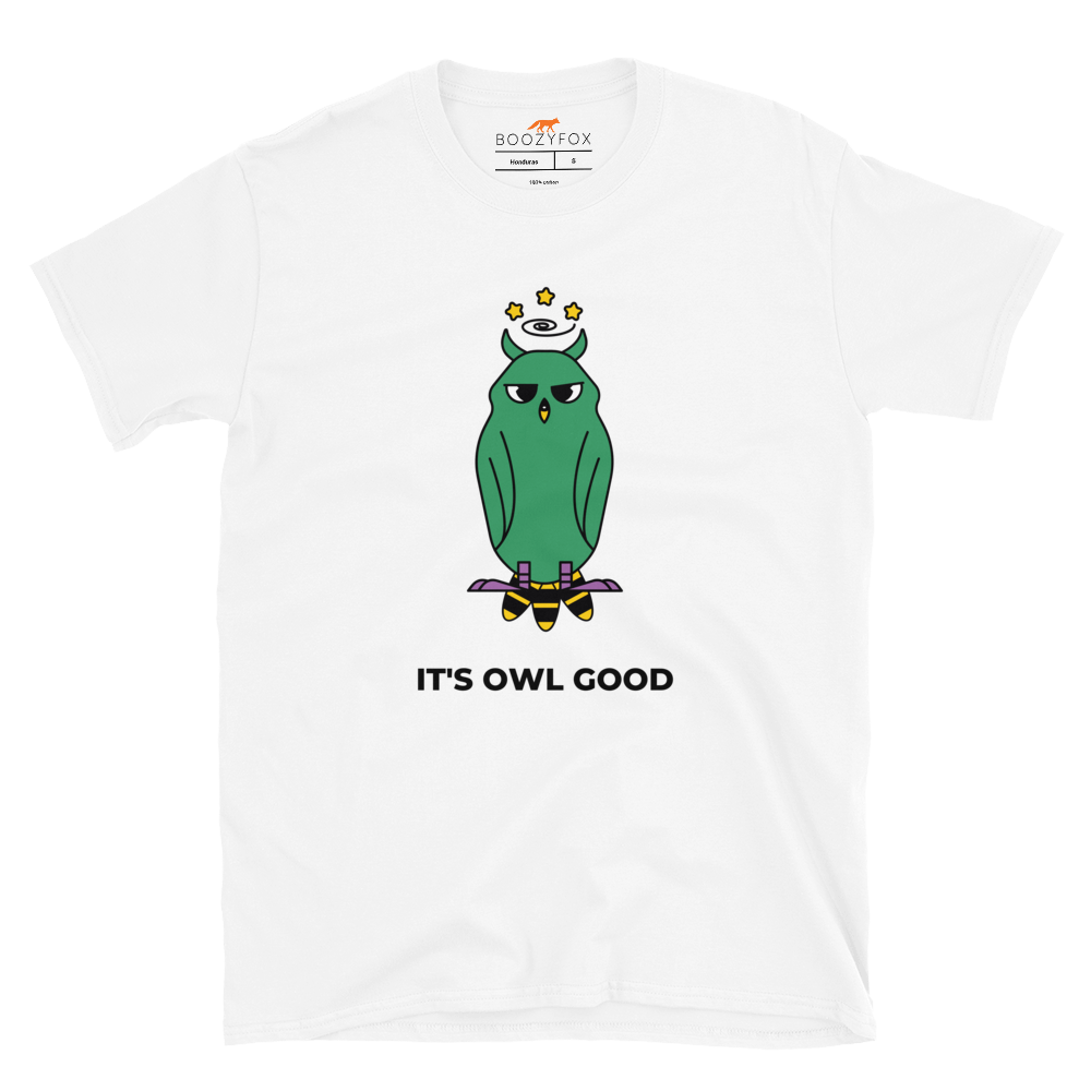 White Owl T-Shirt featuring a captivating It's Owl Good graphic on the chest - Funny Graphic Owl T-Shirts - Boozy Fox