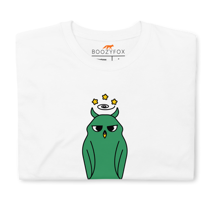 Front Details of a White Owl T-Shirt featuring a captivating It's Owl Good graphic on the chest - Funny Graphic Owl T-Shirts - Boozy Fox