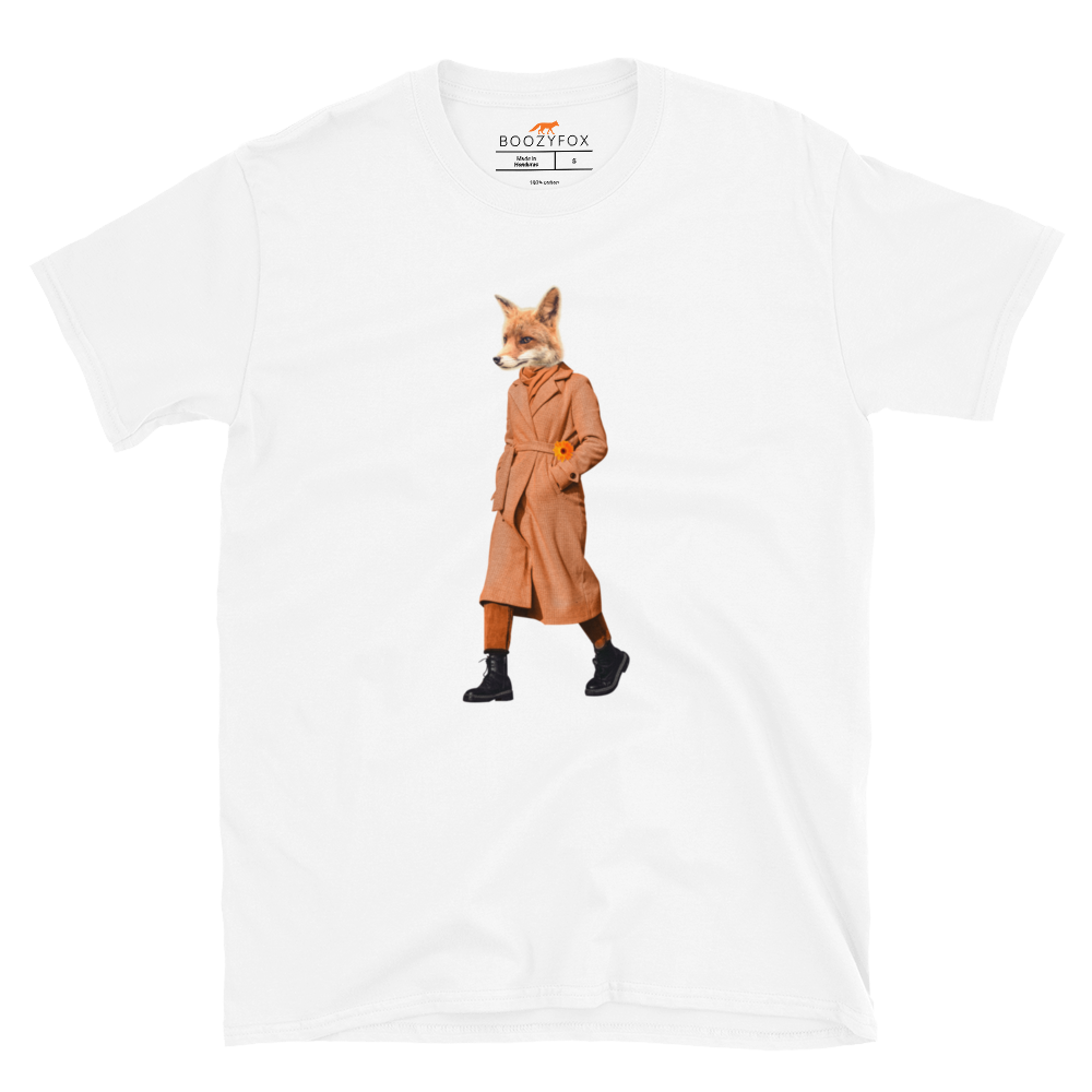 White Anthropomorphic Fox T-Shirt featuring a sly Anthropomorphic Fox In a Trench Coat graphic on the chest - Funny Graphic Fox T-Shirts - Boozy Fox