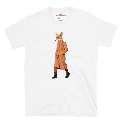 White Anthropomorphic Fox T-Shirt featuring a sly Anthropomorphic Fox In a Trench Coat graphic on the chest - Funny Graphic Fox T-Shirts - Boozy Fox