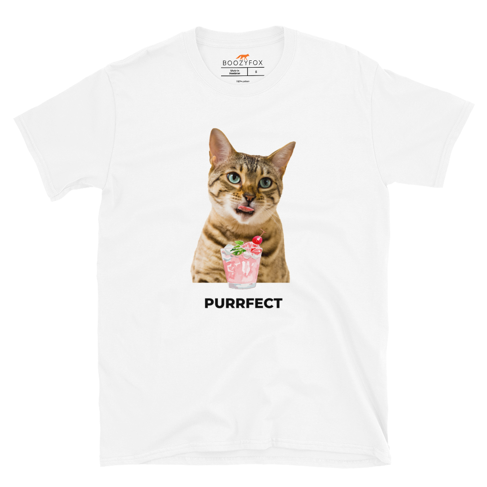 White Cat T-Shirt featuring a Purrfect graphic on the chest - Funny Graphic Cat T-Shirts - Boozy Fox