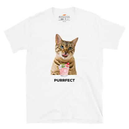 White Cat T-Shirt featuring a Purrfect graphic on the chest - Funny Graphic Cat T-Shirts - Boozy Fox