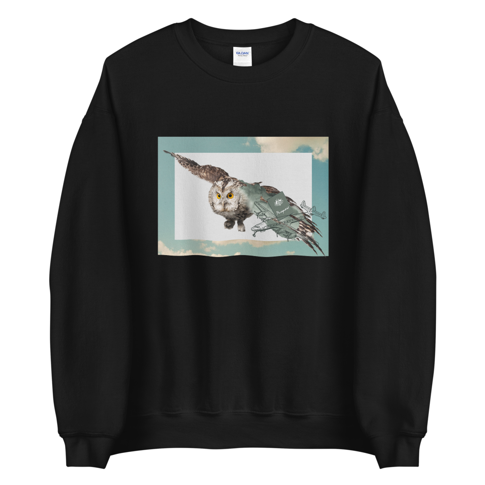 Black Owl Sweatshirt featuring a bold Flying Owl graphic on the chest - Cool Owl Graphic Sweatshirts - Boozy Fox