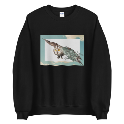 Black Owl Sweatshirt featuring a bold Flying Owl graphic on the chest - Cool Owl Graphic Sweatshirts - Boozy Fox