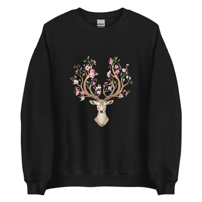 Black Floral Red Deer Sweatshirt featuring a delightful Floral Deer graphic on the chest - Cute Graphic Deer Sweatshirts - Boozy Fox