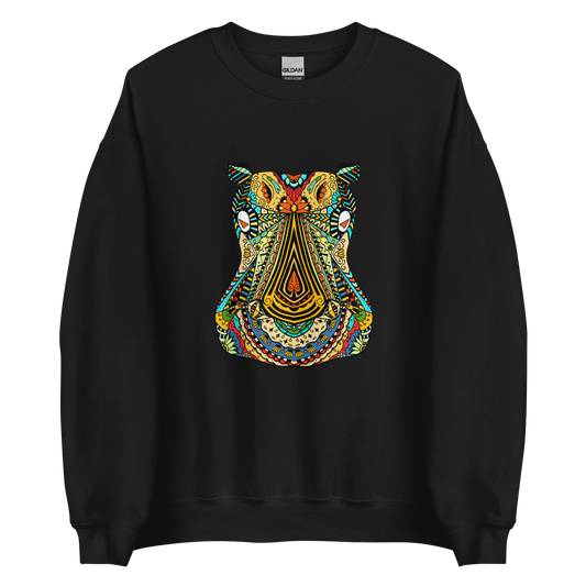 Black Hippo Sweatshirt featuring a captivating Zentangle Hippo graphic on the chest - Cool Graphic Hippo Sweatshirts - Boozy Fox