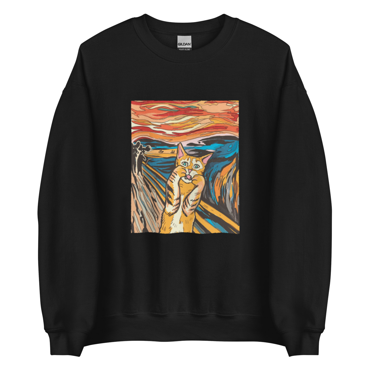 Black Screaming Cat Sweatshirt featuring an Edvard Munch's 'The Scream' graphic on the chest - Funny Graphic Cat Sweatshirts - Boozy Fox