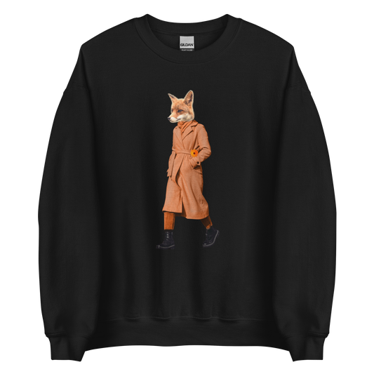 Black Anthropomorphic Fox Sweatshirt featuring a sly Anthropomorphic Fox In a Trench Coat graphic on the chest - Funny Graphic Fox Sweatshirts - Boozy Fox