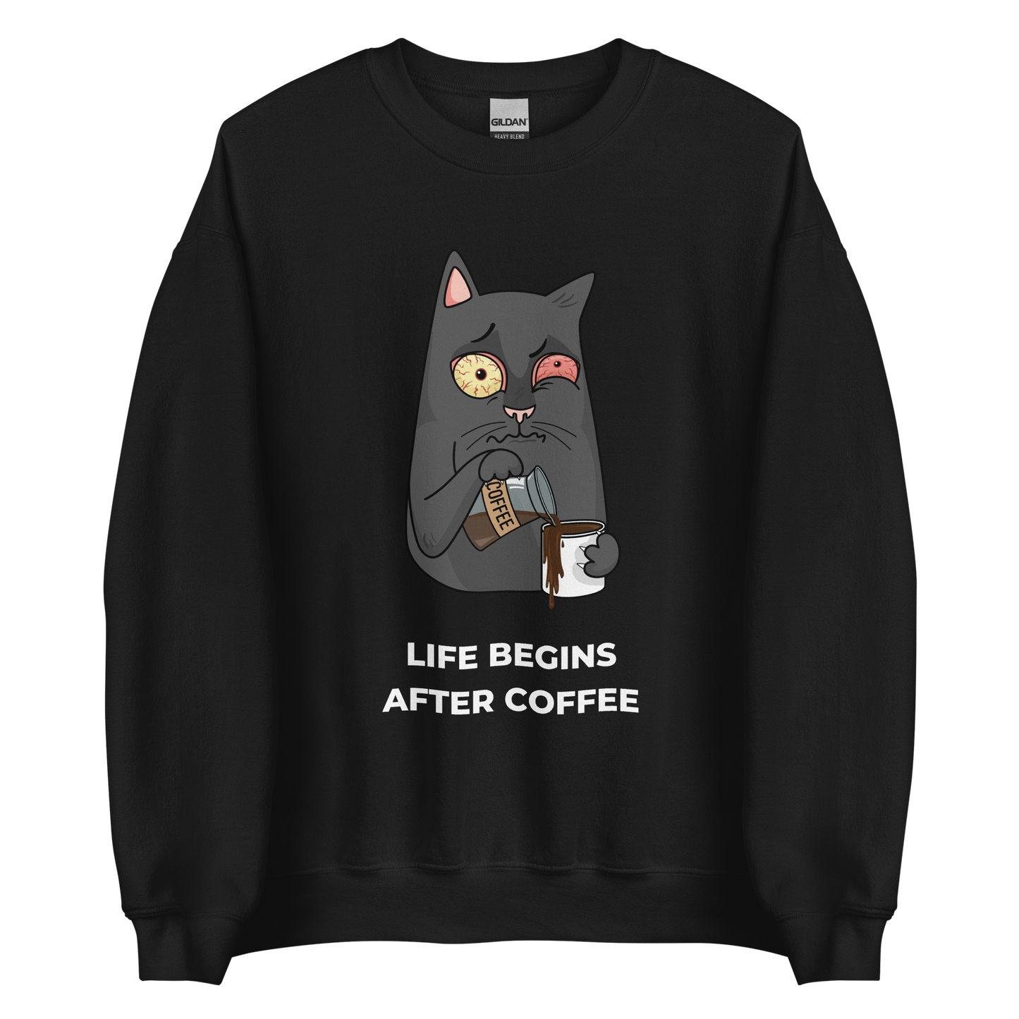 Black Cat Sweatshirt featuring a hilarious Life Begins After Coffee graphic on the chest - Funny Graphic Cat Sweatshirts - Boozy Fox