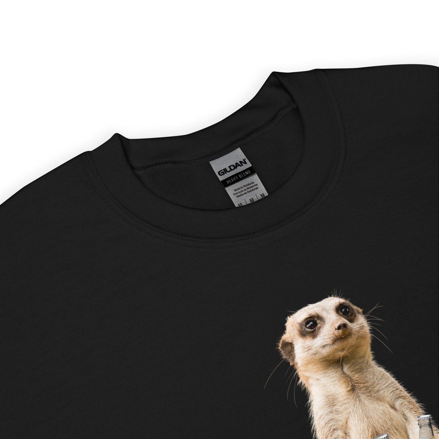 Product Details of a Black Meerkat Sweatshirt featuring a hilarious Beerkat graphic on the chest - Funny Graphic Meerkat Sweatshirts - Boozy Fox