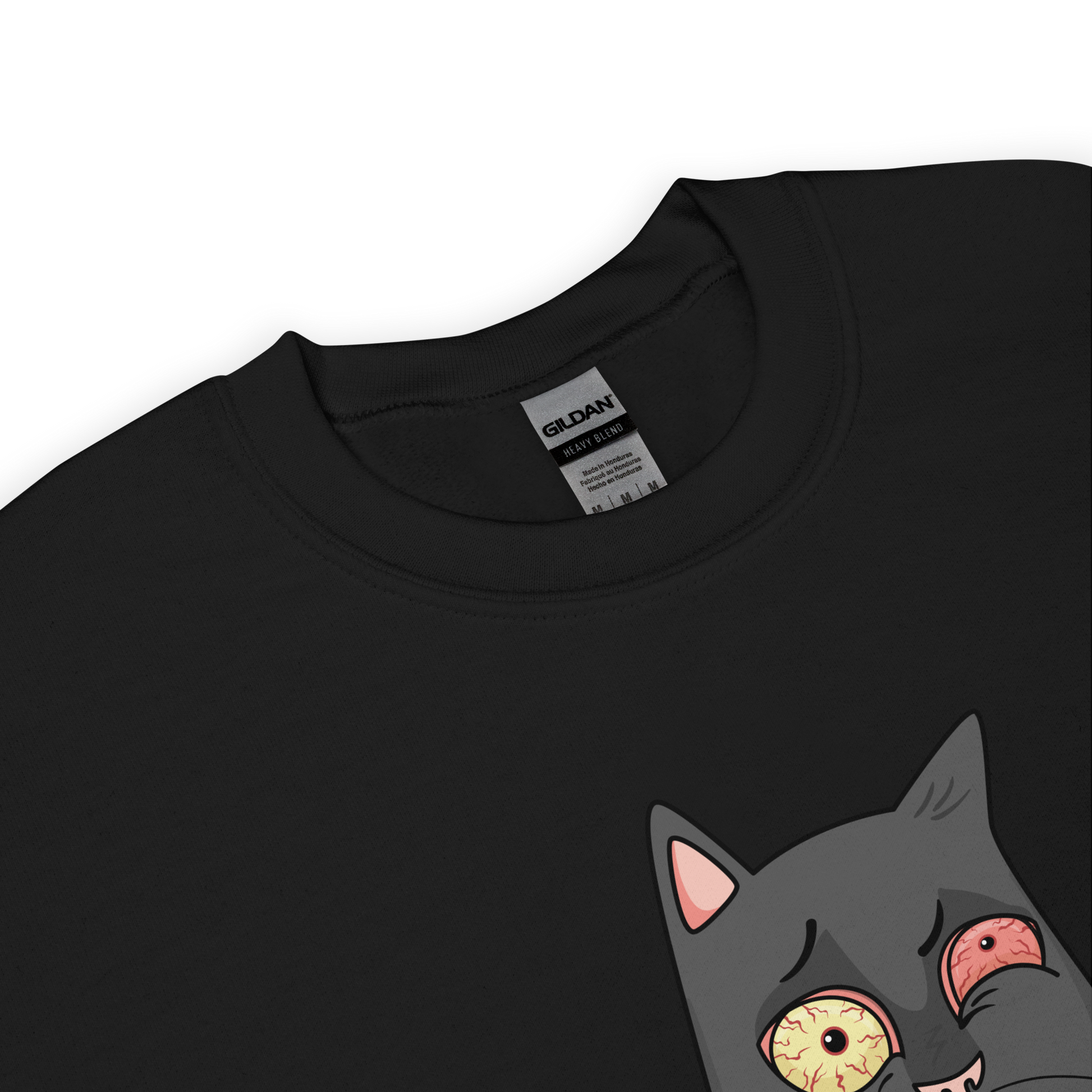Product details of a Black Cat Sweatshirt featuring a hilarious Life Begins After Coffee graphic on the chest - Funny Graphic Cat Sweatshirts - Boozy Fox