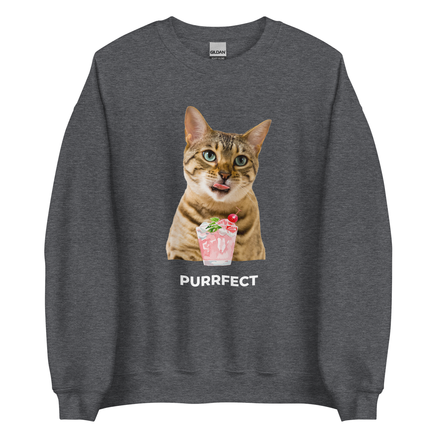 Dark Heather Cat Sweatshirt featuring a Purrfect graphic on the chest - Funny Graphic Cat Sweatshirts - Boozy Fox