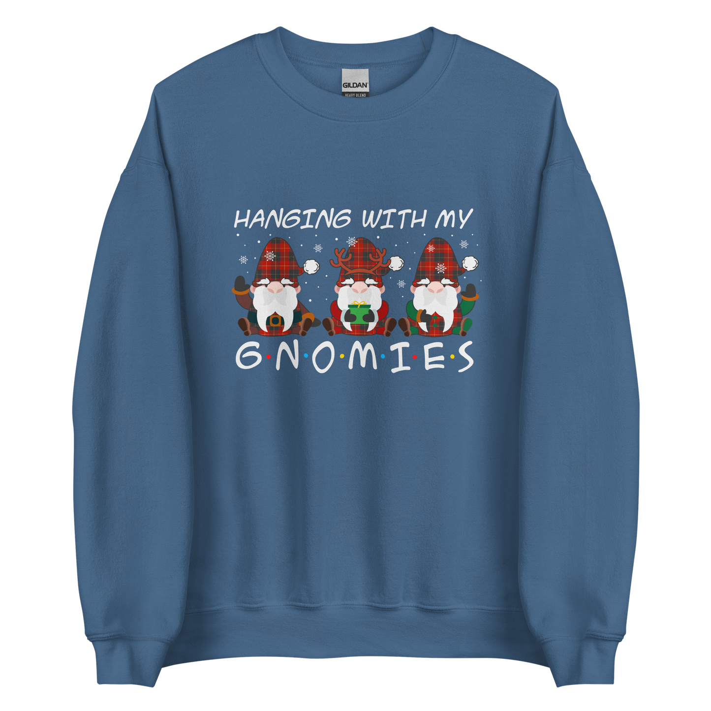 Indigo Blue Christmas Gnome Sweatshirt featuring a delight Hanging With My Gnomies graphic on the chest - Funny Christmas Graphic Gnome Sweatshirts - Boozy Fox