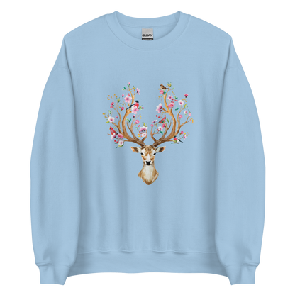 Light Blue Floral Red Deer Sweatshirt featuring a delightful Floral Deer graphic on the chest - Cute Graphic Deer Sweatshirts - Boozy Fox
