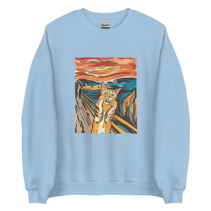 Light Blue Screaming Cat Sweatshirt featuring an Edvard Munch's 'The Scream' graphic on the chest - Funny Graphic Cat Sweatshirts - Boozy Fox