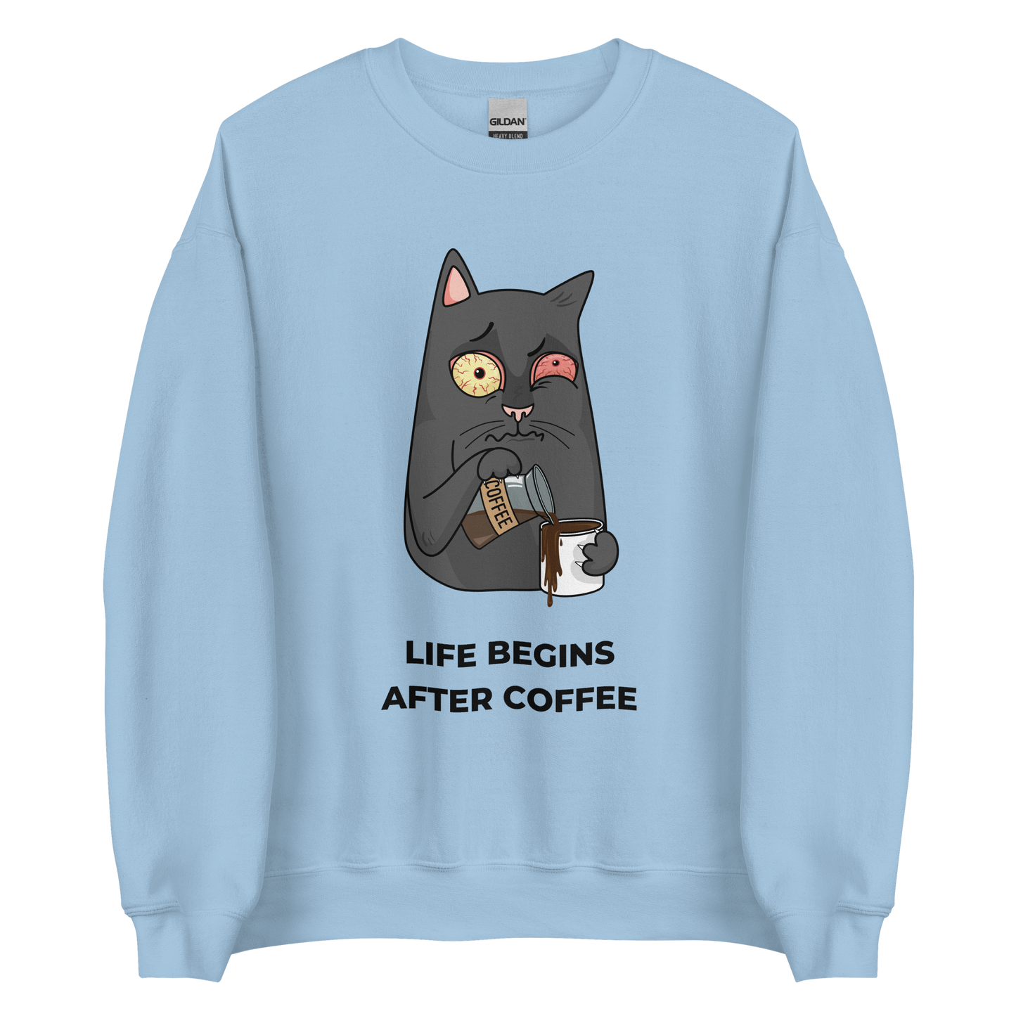 Light Blue Cat Sweatshirt featuring a hilarious Life Begins After Coffee graphic on the chest - Funny Graphic Cat Sweatshirts - Boozy Fox