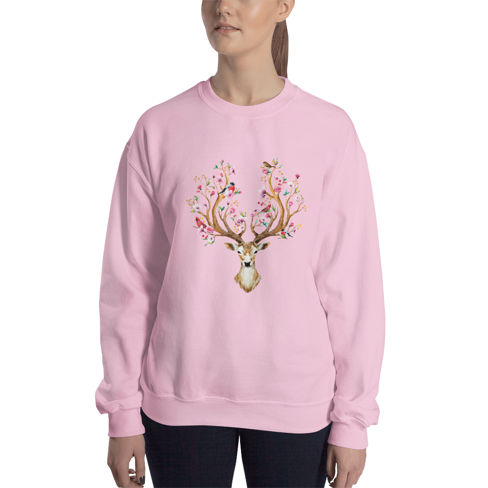 Woman Wearing a Light Pink Floral Red Deer Sweatshirt featuring a delightful Floral Deer graphic on the chest - Cute Graphic Deer Sweatshirts - Boozy Fox