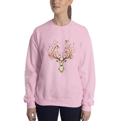Woman Wearing a Light Pink Floral Red Deer Sweatshirt featuring a delightful Floral Deer graphic on the chest - Cute Graphic Deer Sweatshirts - Boozy Fox