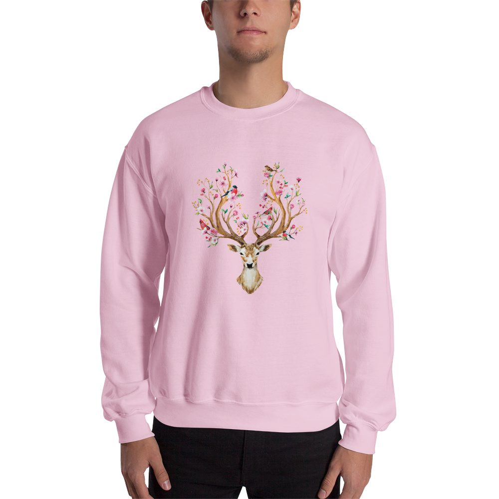 Man Wearing a Light Pink Floral Red Deer Sweatshirt featuring a delightful Floral Deer graphic on the chest - Cute Graphic Deer Sweatshirts - Boozy Fox
