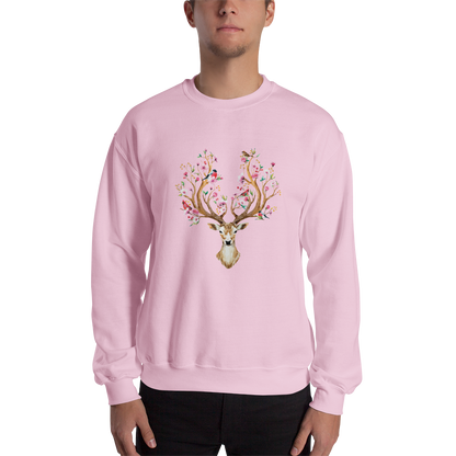Man Wearing a Light Pink Floral Red Deer Sweatshirt featuring a delightful Floral Deer graphic on the chest - Cute Graphic Deer Sweatshirts - Boozy Fox