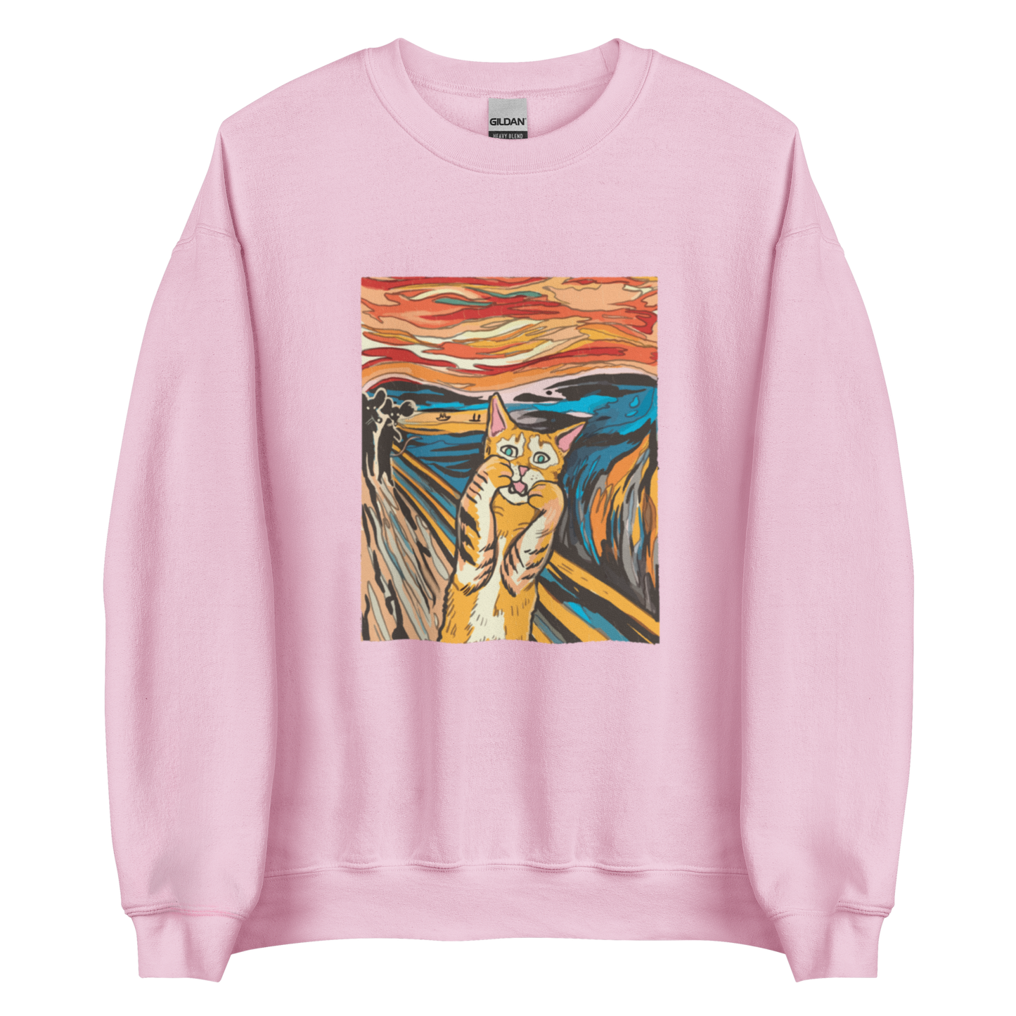 Light Pink Screaming Cat Sweatshirt featuring an Edvard Munch's 'The Scream' graphic on the chest - Funny Graphic Cat Sweatshirts - Boozy Fox