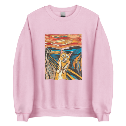 Light Pink Screaming Cat Sweatshirt featuring an Edvard Munch's 'The Scream' graphic on the chest - Funny Graphic Cat Sweatshirts - Boozy Fox